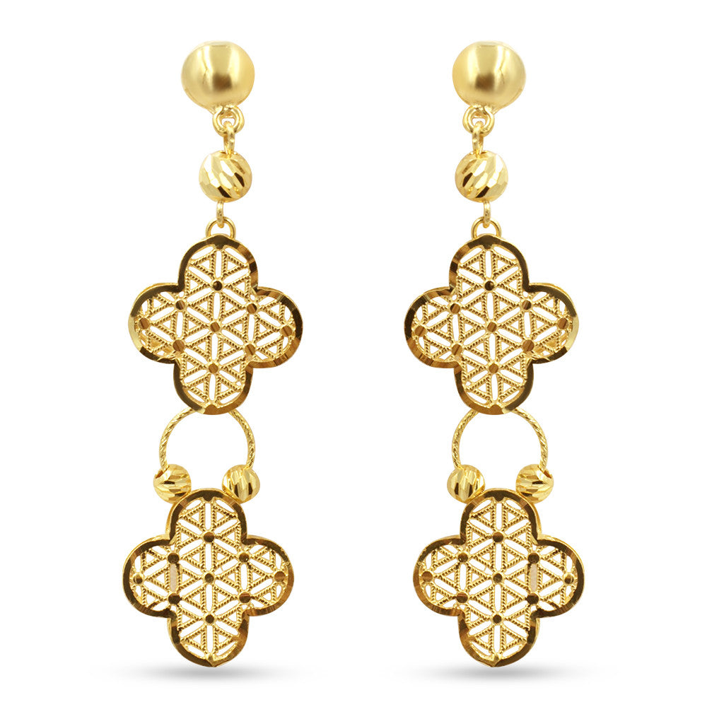 21K yellow gold dangly earrings with two 4 clover leaf motifs