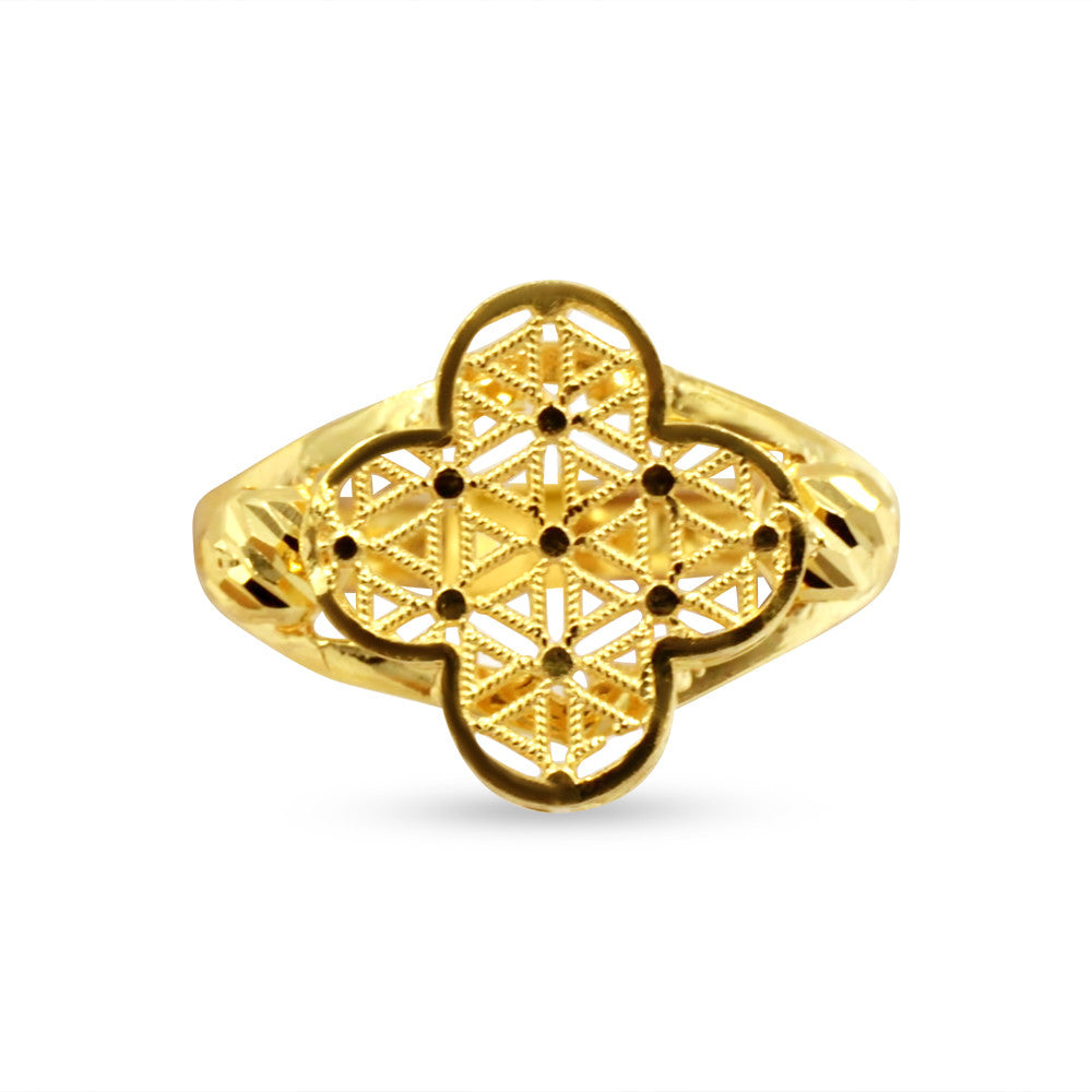 21K yellow gold ring with 4 clover leaf motif and triangular detailing