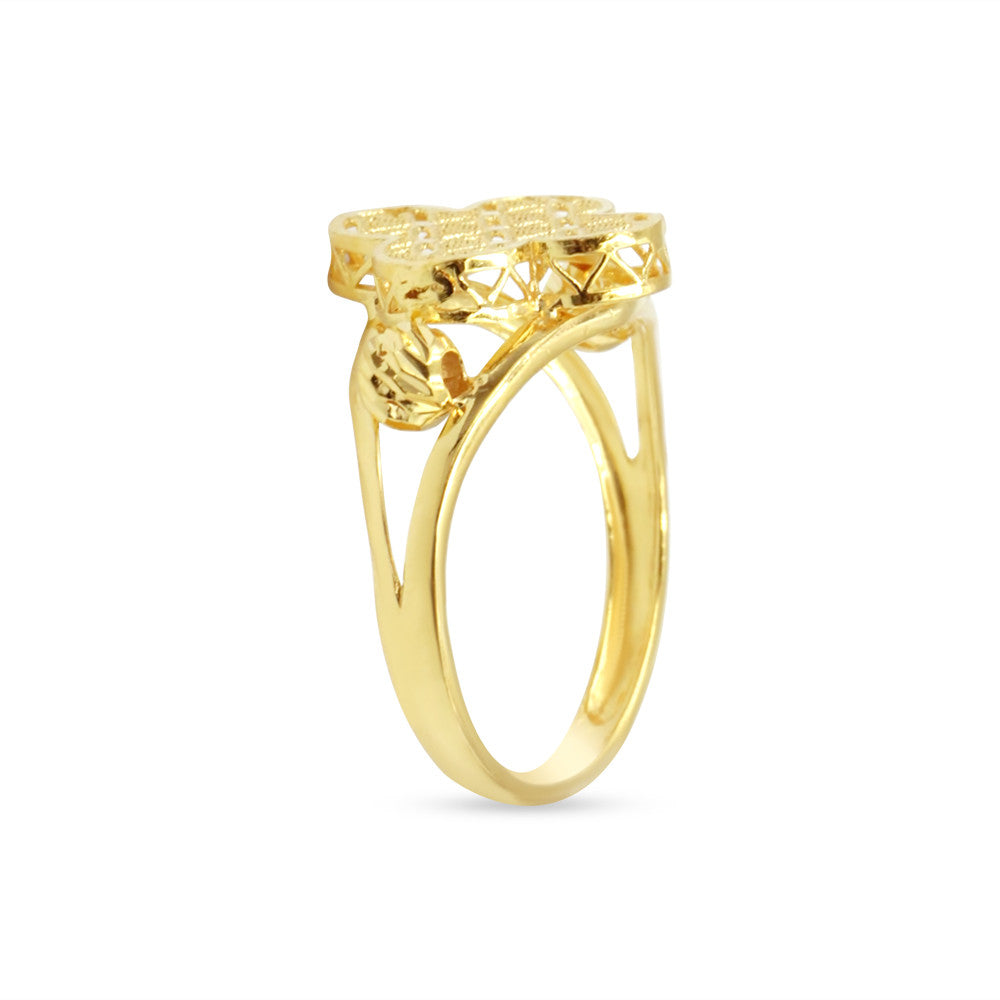 Side profile of 21K yellow gold ring with 4 clover leaf motif