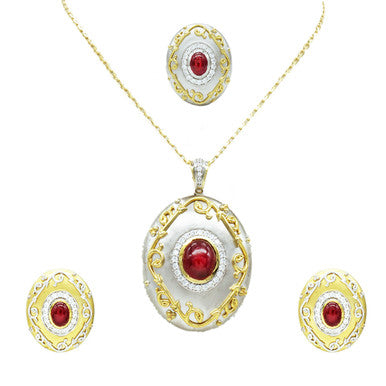 18K Yellow Gold Italian Two Tone Red Center Pendant Necklace Set