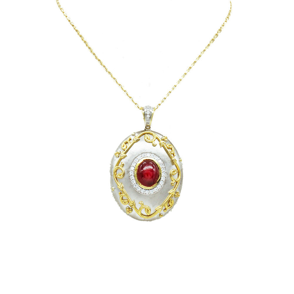 18K Yellow Gold Italian Two Tone Red Center Pendant Necklace