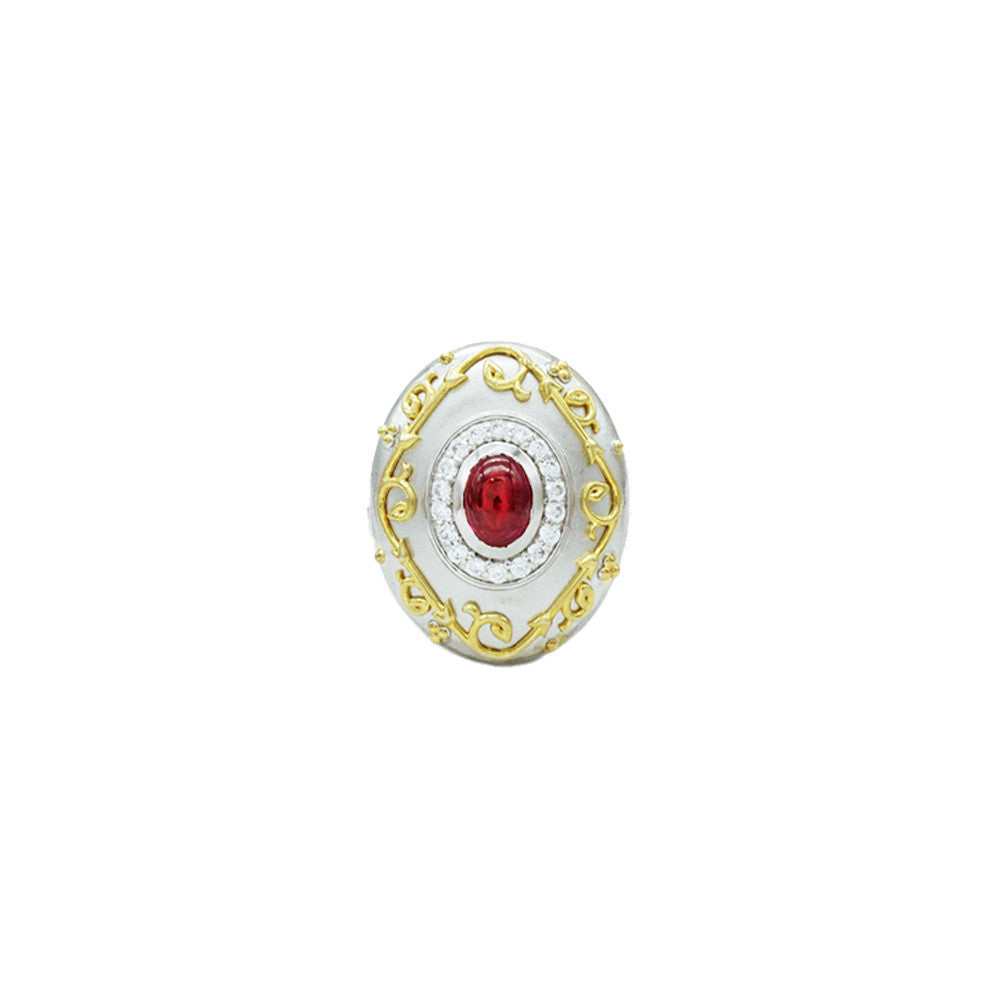 18K Yellow Gold Italian Two Tone Red Center Ring