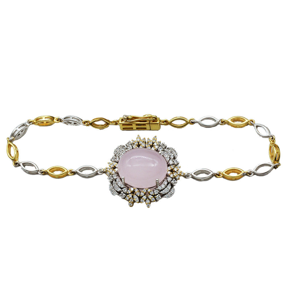 18K Yellow Gold Italian Two Tone Rose Quartz Bracelet with Catch Tube Lock Closure