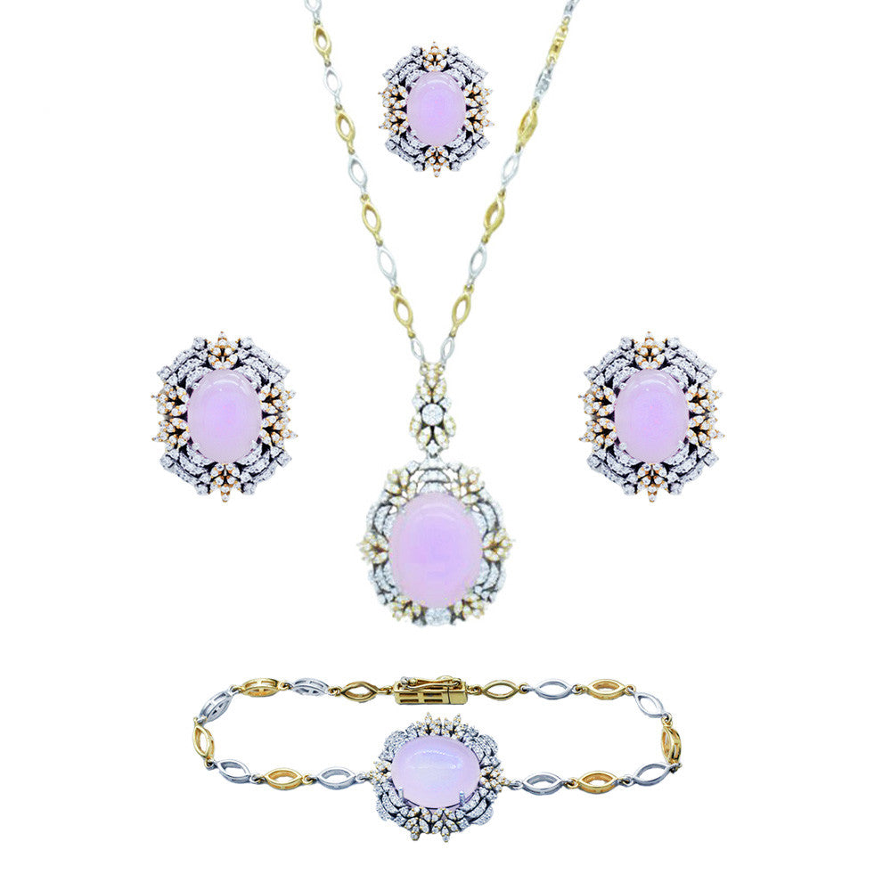 18K Yellow Gold Italian Two Tone Rose Quartz Necklace Set