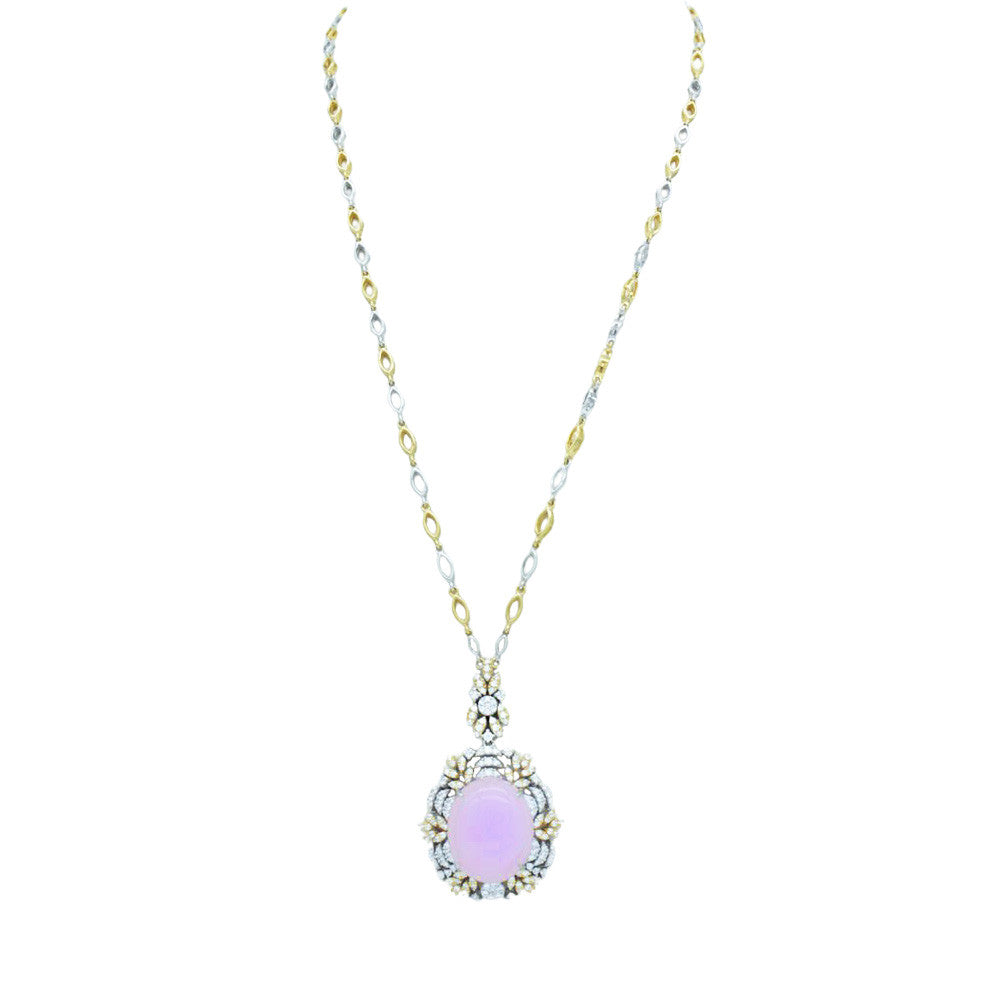 18K Yellow Gold Italian Two Tone Rose Quartz Necklace