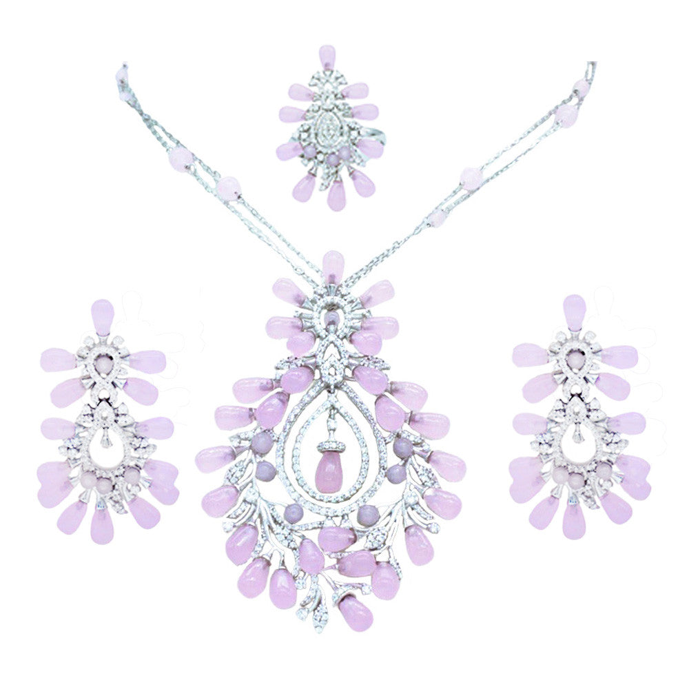 18K White Gold Italian Rose Quartz Opera Necklace Set