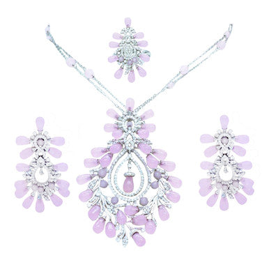 18K White Gold Italian Rose Quartz Opera Necklace Set