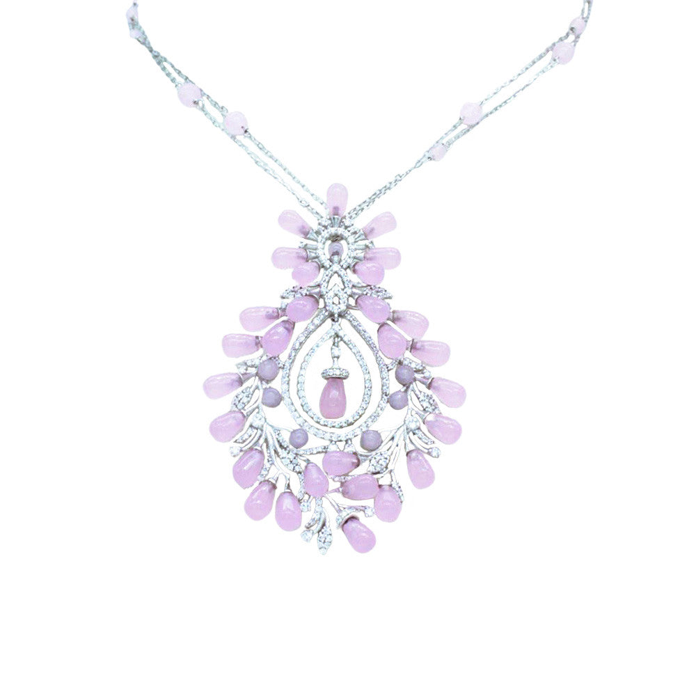 Opera length 18K White Gold Italian Rose Quartz Opera Necklace