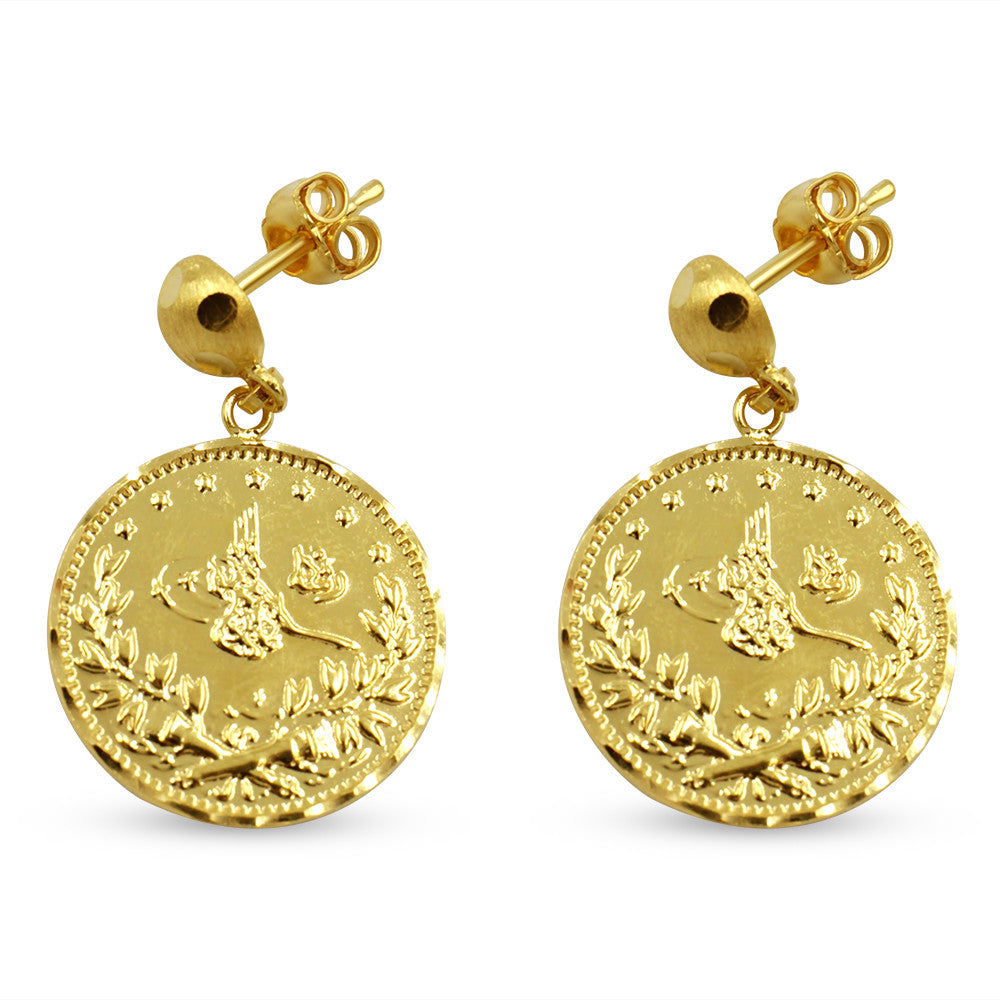 21K yellow gold drop Turkish Coin push back earrings