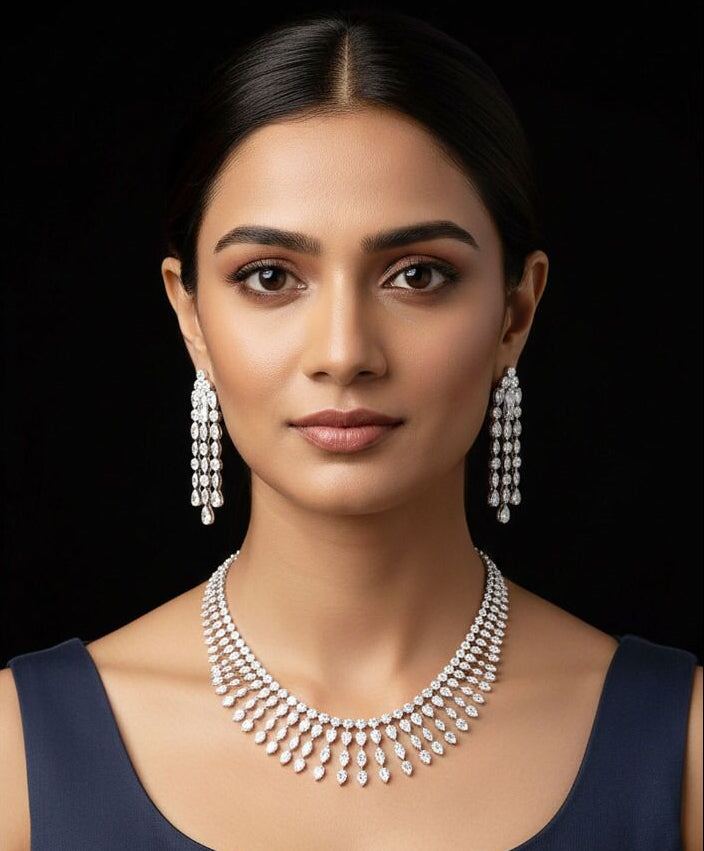 18K White Gold Diamond Waterfall Princess Necklace Set