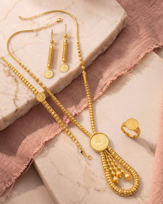 21K Yellow Gold Bahraini Turkish Long Mesh-Chain Tassel Necklace Set