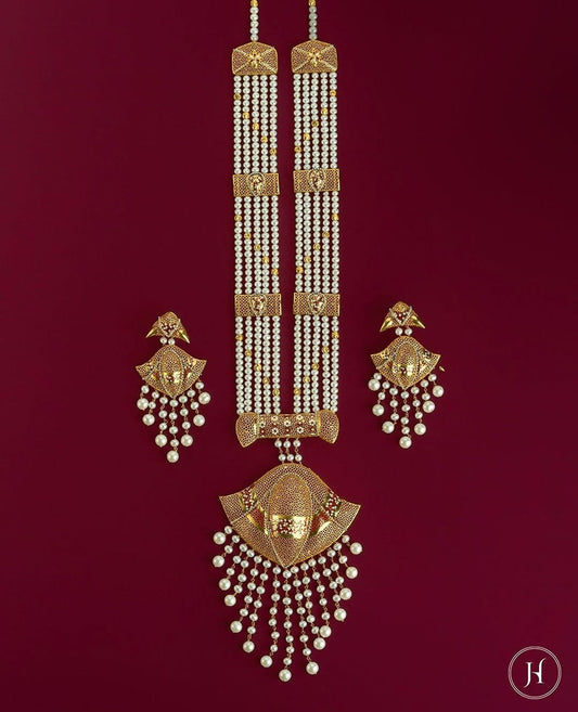 21K Yellow Gold Saudi Red Bow Pearl Necklace Set