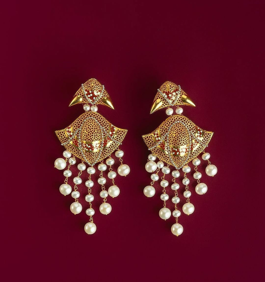 21K Yellow Gold Saudi Red Bow Pearl chandelier earrings