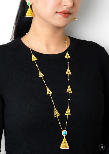 21K Yellow Gold Bahraini Pyramid Pendant Necklace Set