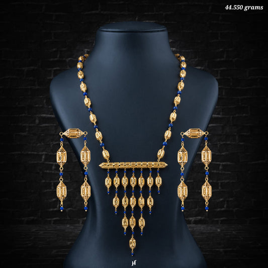 21K Yellow Gold Bahraini Barrel Necklace Set with blue lapis