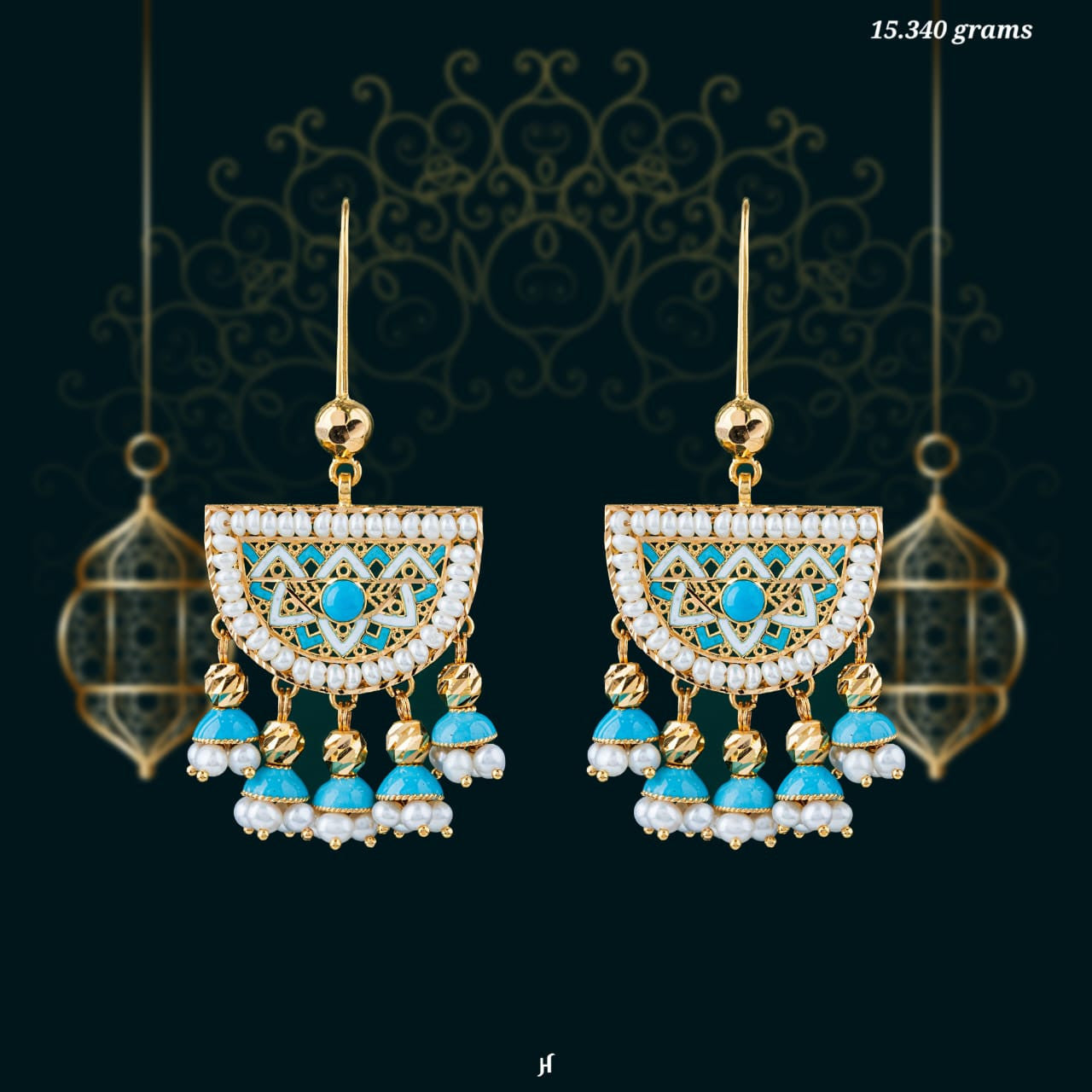 21K Yellow Gold Bahraini Turquoise and Pearl Earrings