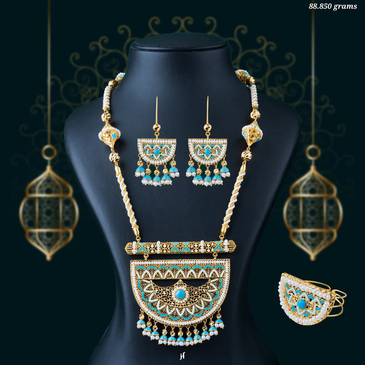 21K Yellow Gold Bahraini Turquoise and Pearl Necklace Set