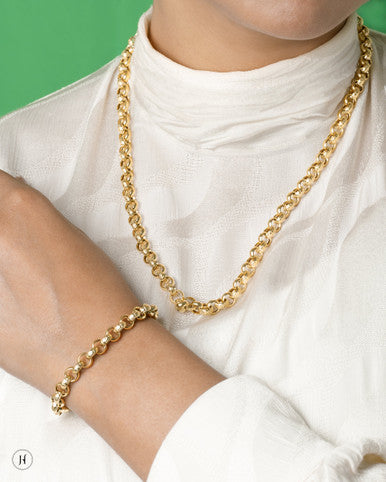 18K Yellow Gold Italian Belcher Round Chain and Bracelet Set