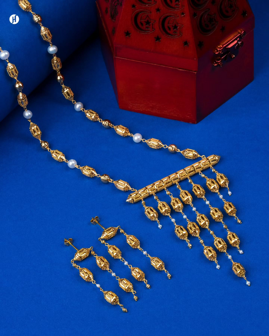 21Karat Yellow Gold Lantern-Shaped Bead Motif Long Necklace Set