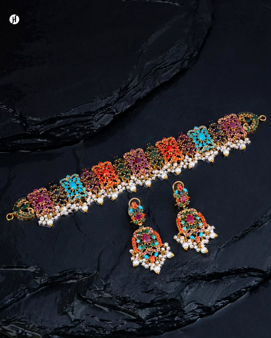 21K Yellow Gold Pakistani Multistone Blossom Choker Set