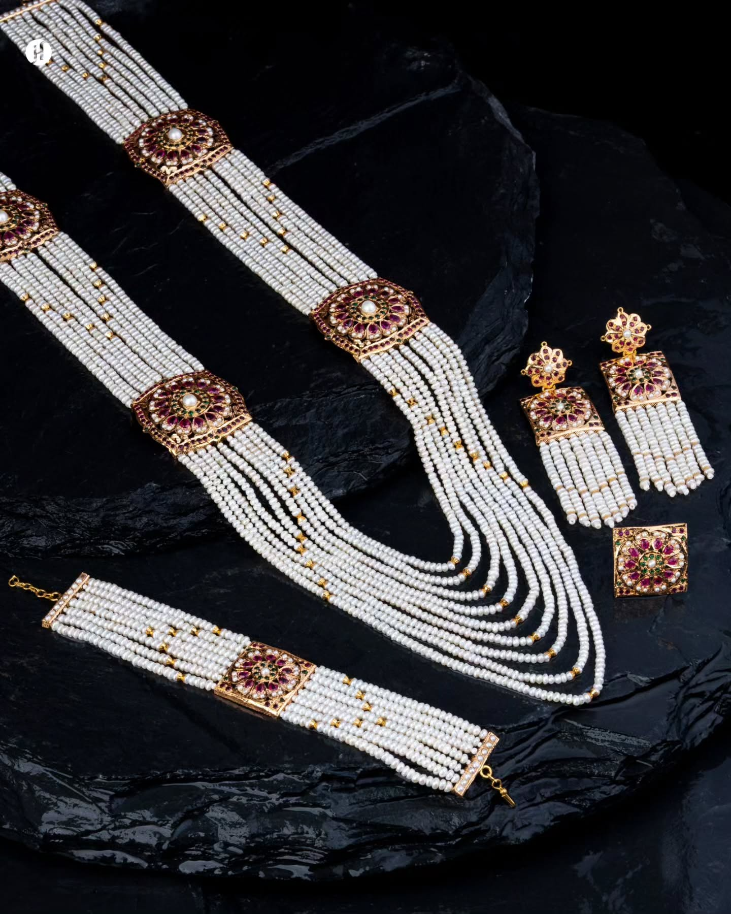 21K Yellow Gold Pakistani Floral Ruby Pearl Layered Necklace Set