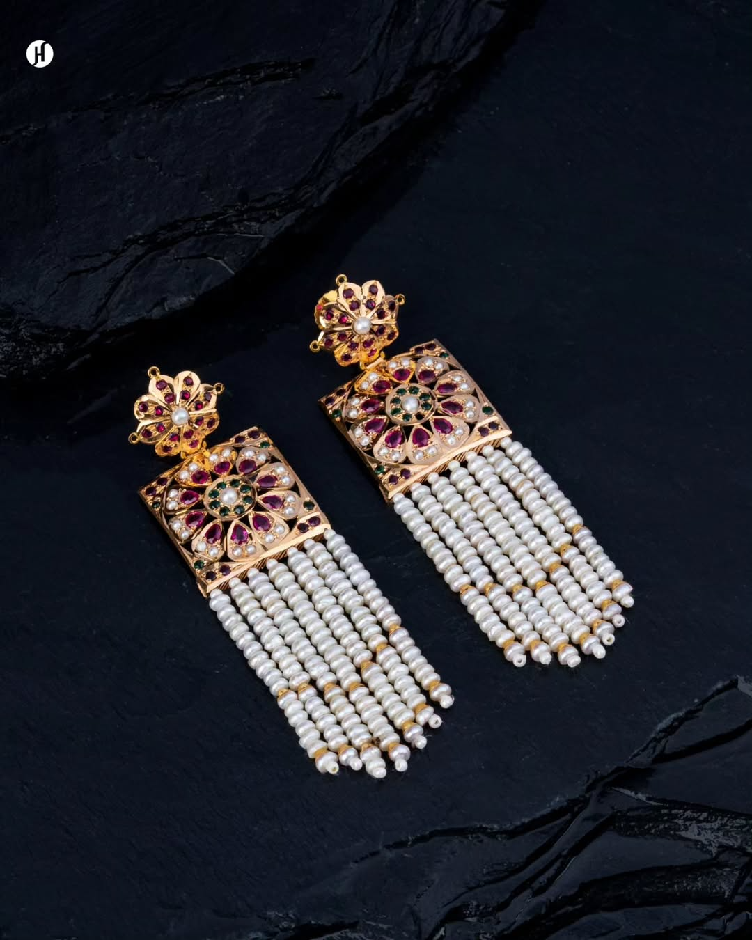 21K Yellow Gold Pakistani Floral Ruby Pearl Layered Necklace Set