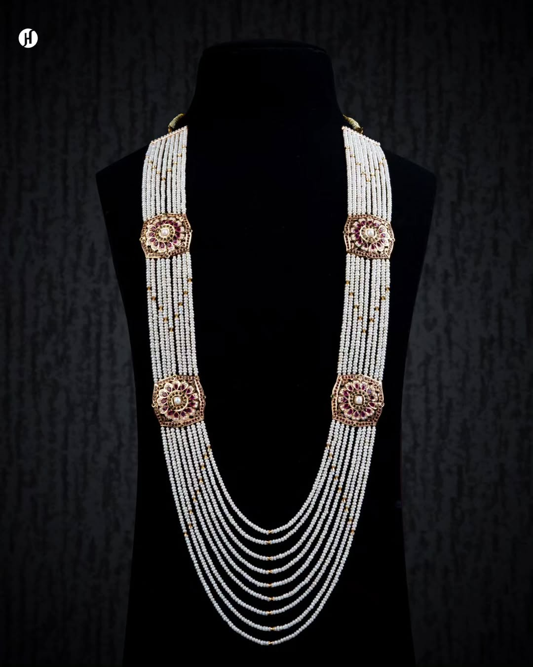 21K Yellow Gold Pakistani Floral Ruby Pearl Layered Necklace Set