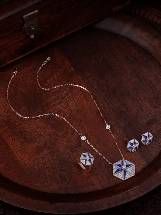 18K Rose Gold Italian Blue Lapis & Mother of Pearl Star Necklace Set