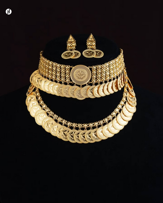 21Karat Yellow Gold Bahraini Layer Lira Layer Coin Choker Necklace Set
