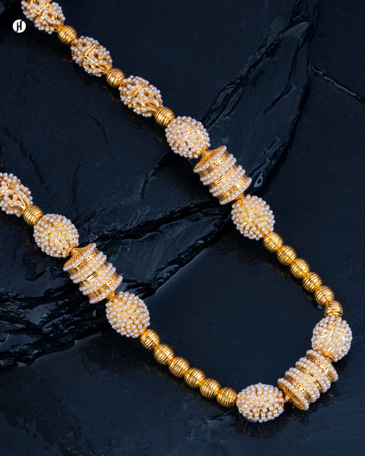 21K Yellow Gold Bahraini Pearl Scroll & Bead Ball Long Necklace