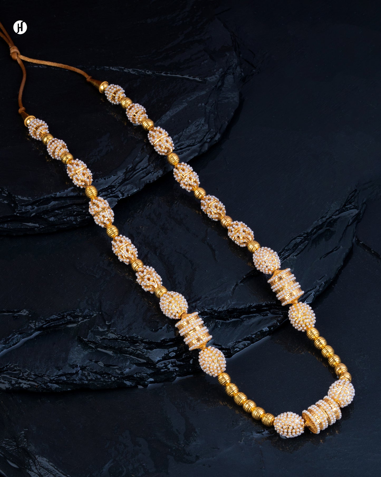21K Yellow Gold Bahraini Pearl Scroll & Bead Ball Long Necklace