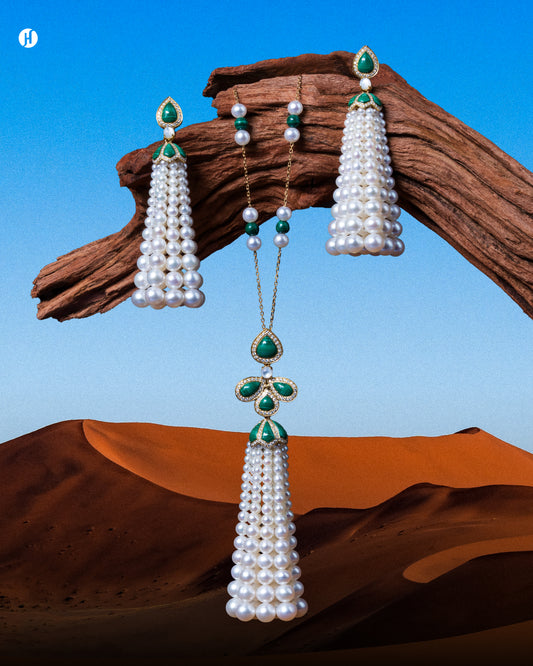 18K Yellow Gold Waterfall Pearl-Malachite Diamond Necklace Set