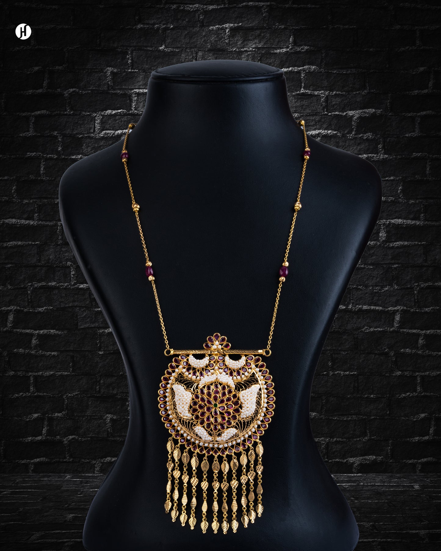 21K Yellow Gold Bahraini Floral Ruby and Freshwater Pearl Long Necklace