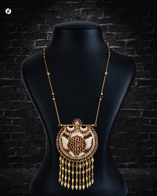 21K Yellow Gold Bahraini Floral Ruby and Freshwater Pearl Long Necklace