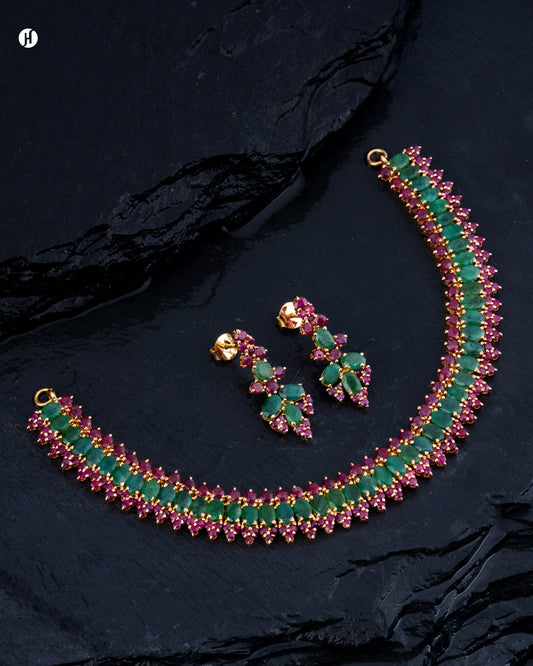 21K Yellow Gold Pakistani Ruby & Emerald Oval Gemstone Necklace Set