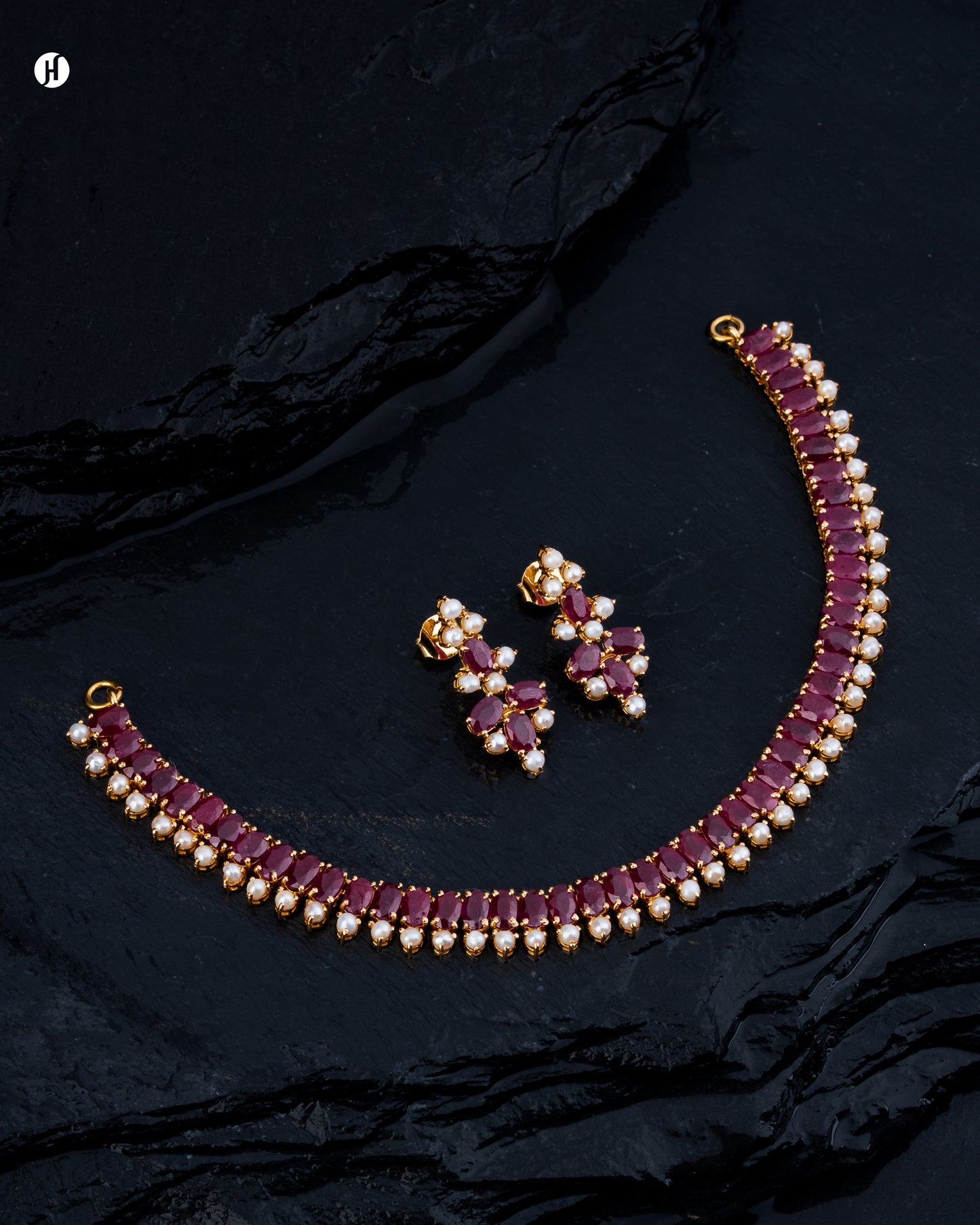 21K Yellow Gold Pakistani Ruby & Pearl Oval Gemstone Necklace Set