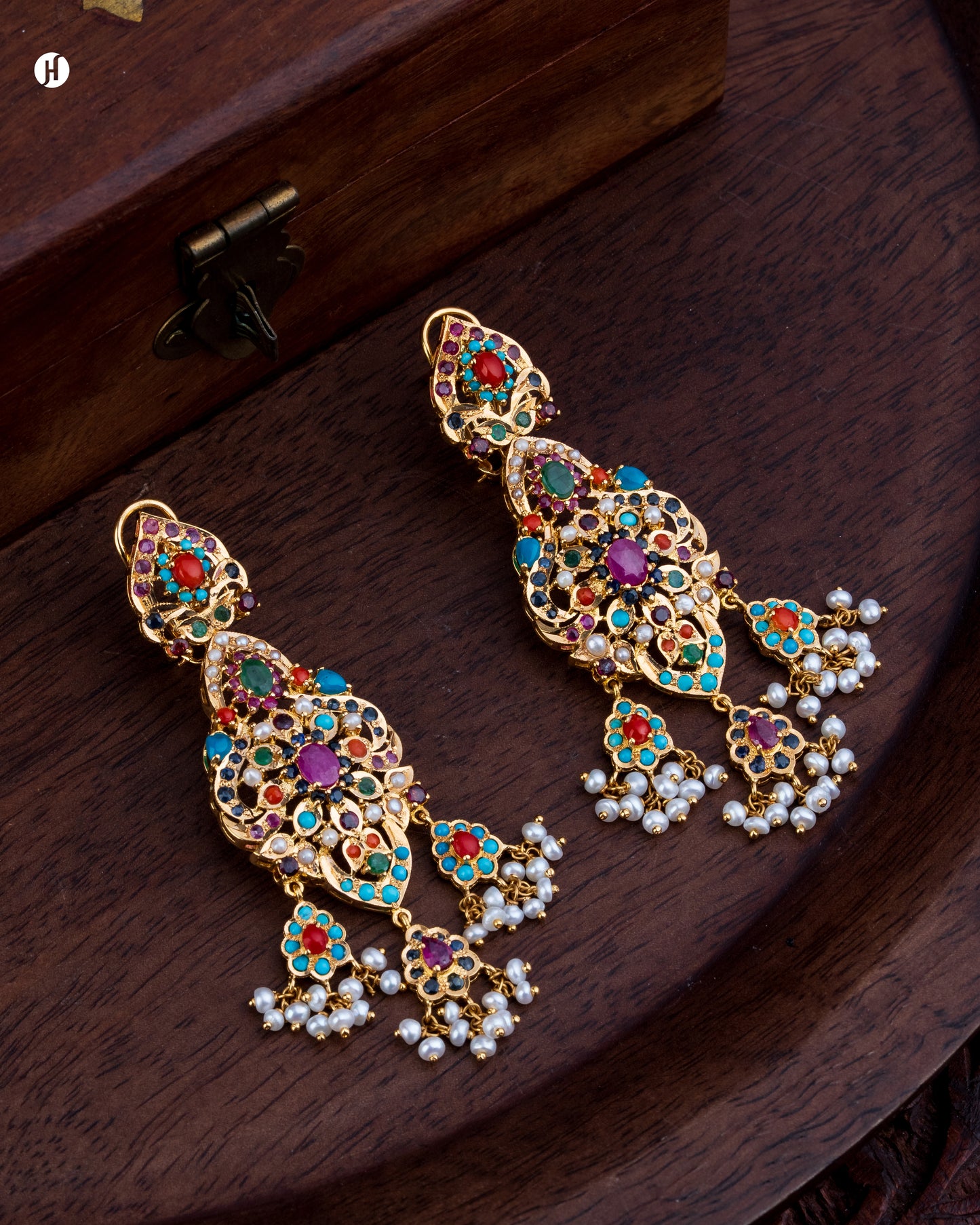 21K Yellow Gold Pakistani Majestic-Pearl Gemstone Bridal Necklace Set