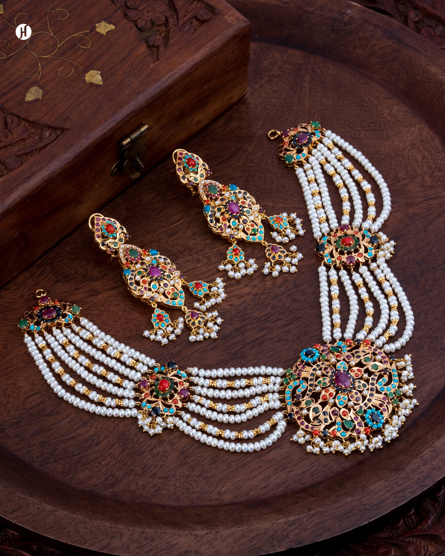 21K Yellow Gold Pakistani Majestic-Pearl Gemstone Bridal Necklace Set