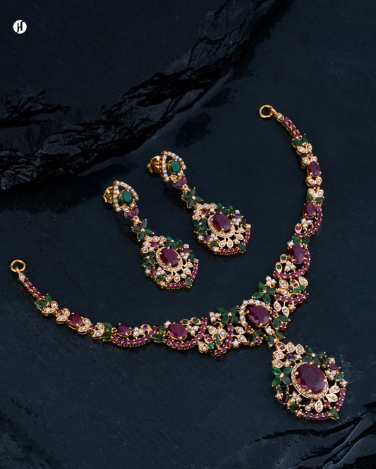 21K Yellow Gold Pakistani Ruby & Emerald Floral Teardrop Necklace Set