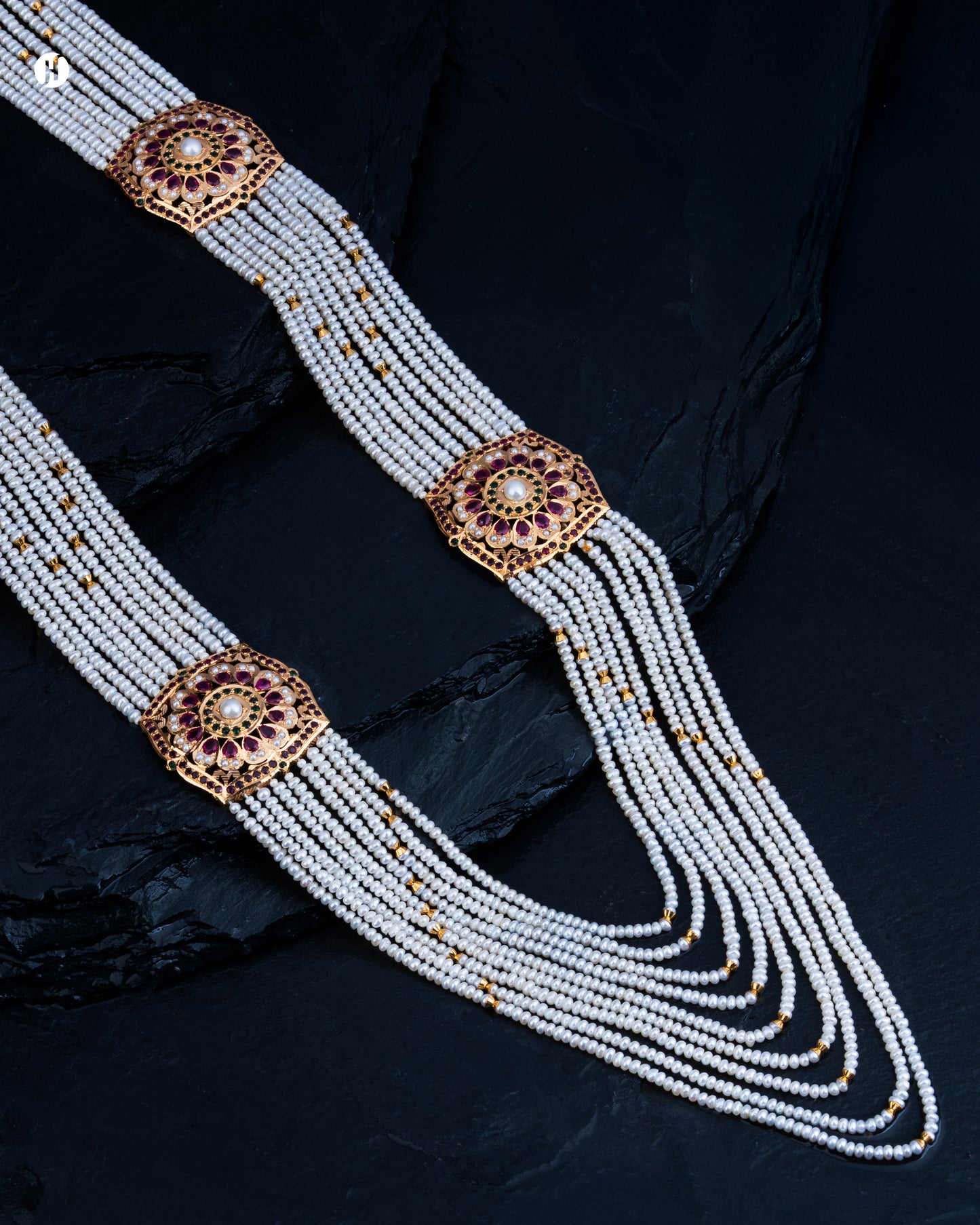 21Karat Yellow Gold Pakistani Floral Ruby Pearl Layered Necklace Set