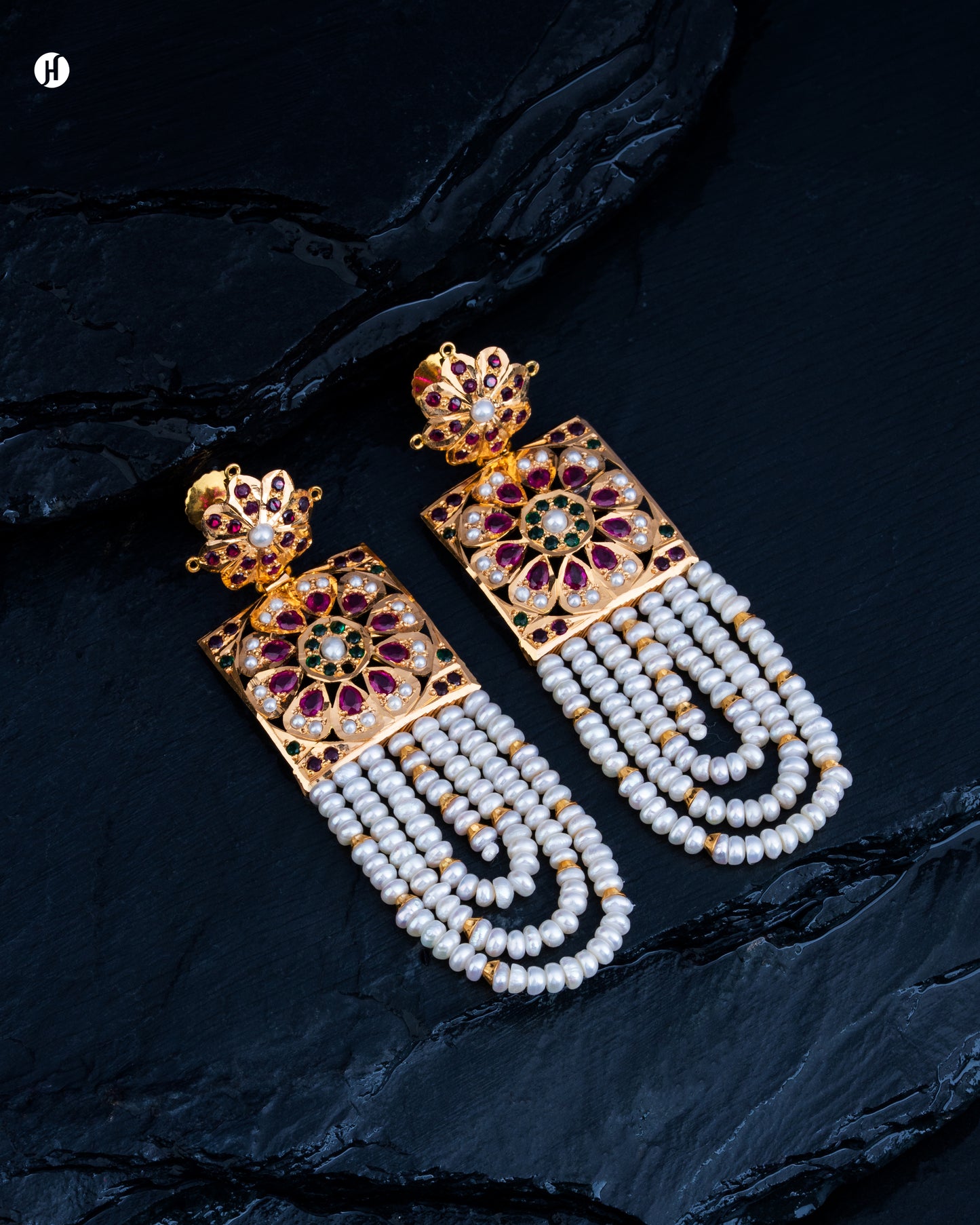 21Karat Yellow Gold Pakistani Floral Ruby Pearl Layered Necklace Set