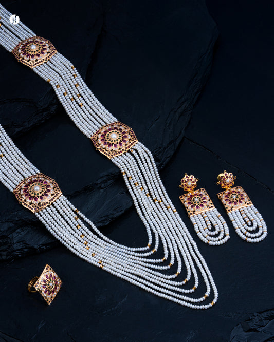 21Karat Yellow Gold Pakistani Floral Ruby Pearl Layered Necklace Set