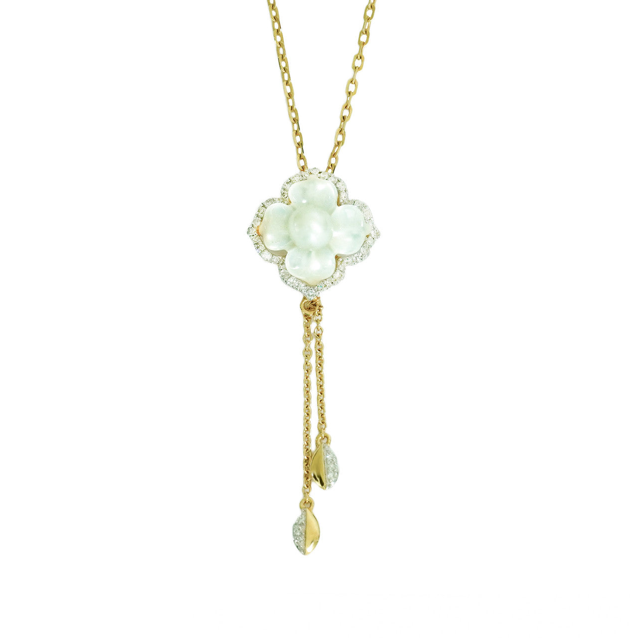 18K Yellow Gold Pearl Flower Diamond Pendant Set