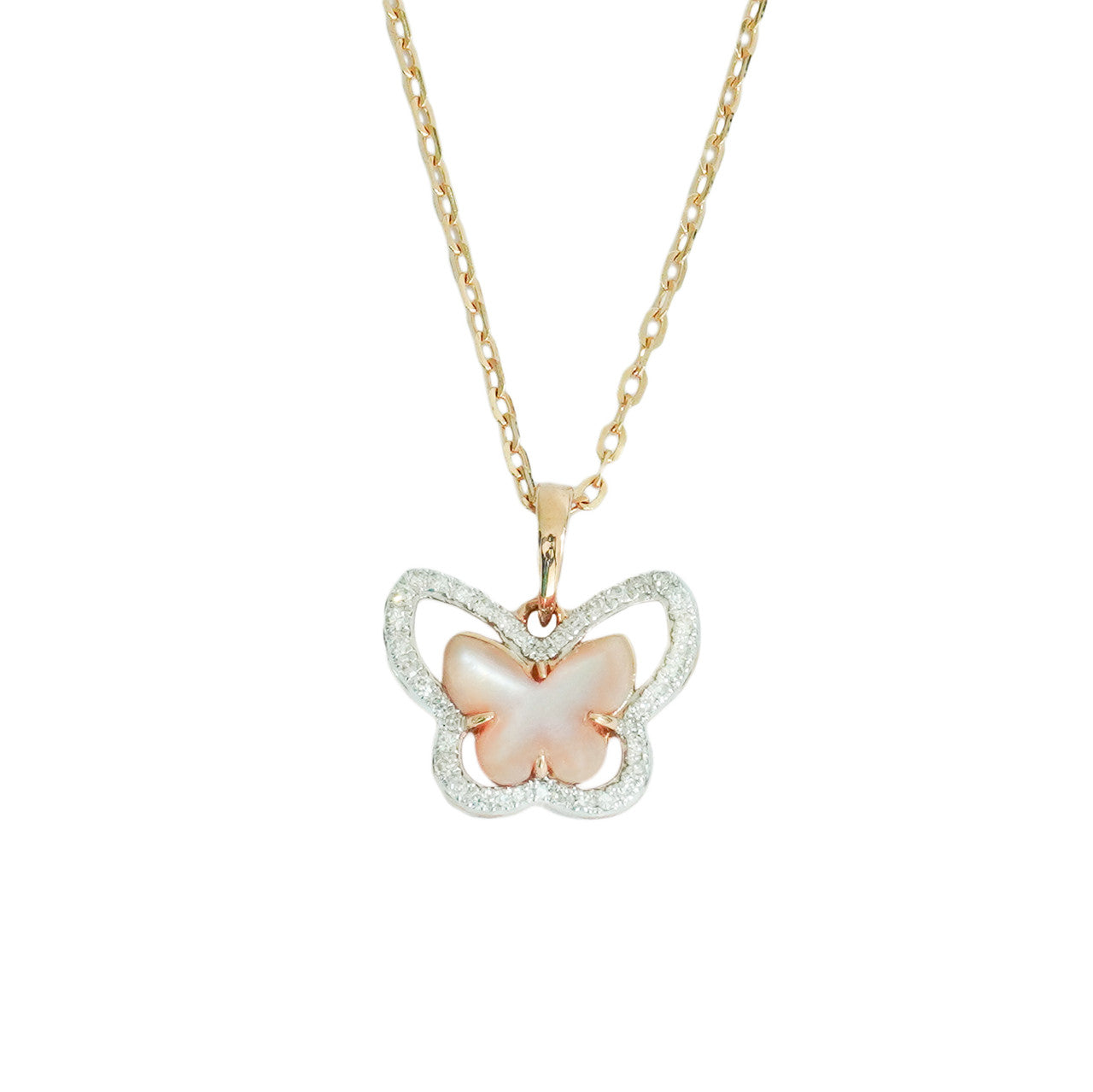 18K Yellow Gold Butterfly Mother of Pearl Diamond Pendant