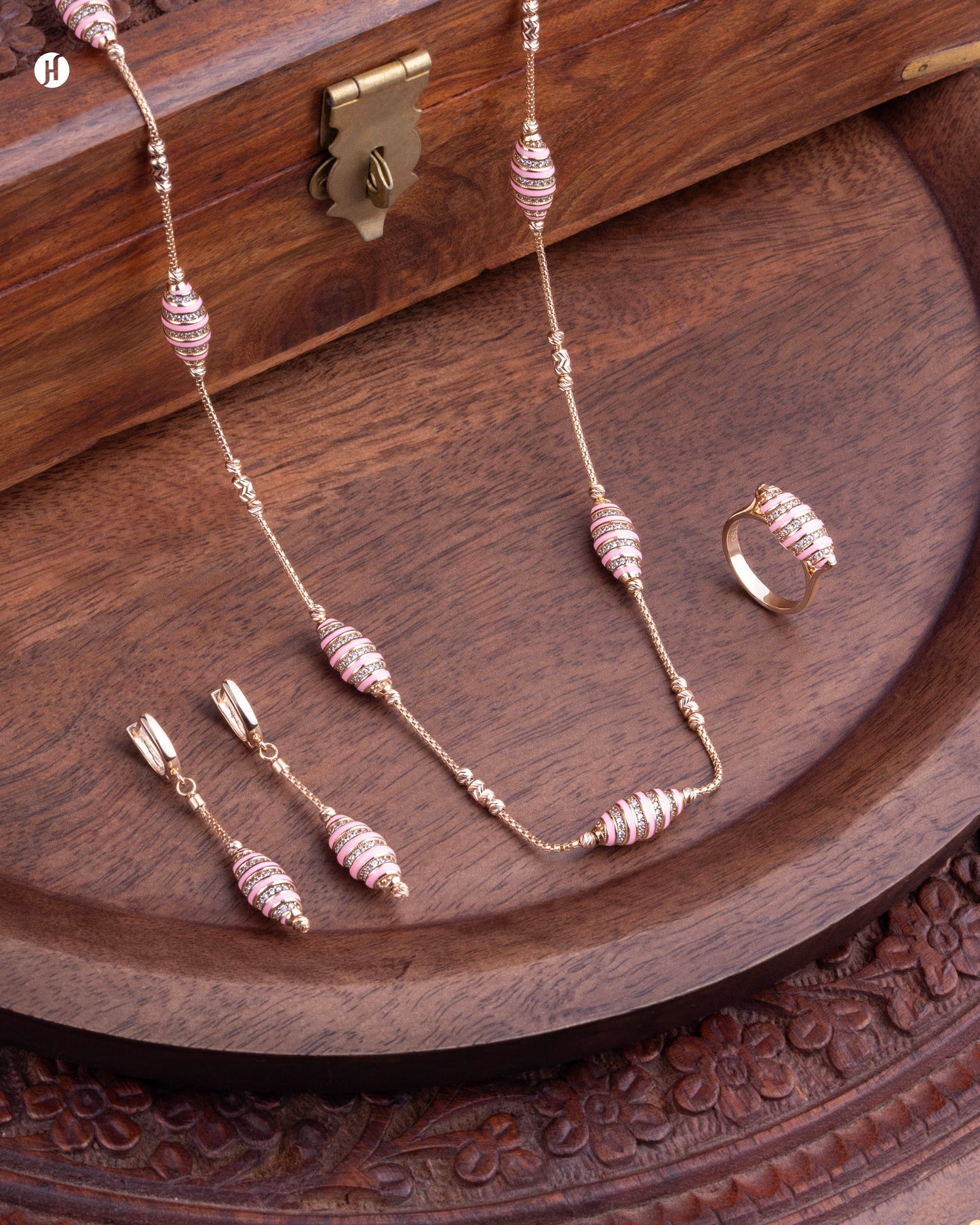 18Karat Rose Gold Italian Barrel-Pink Enamel Necklace Set