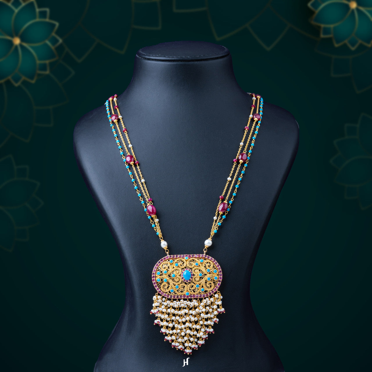 21K Yellow Gold Pakistani Turquoise Pearl Opera Necklace