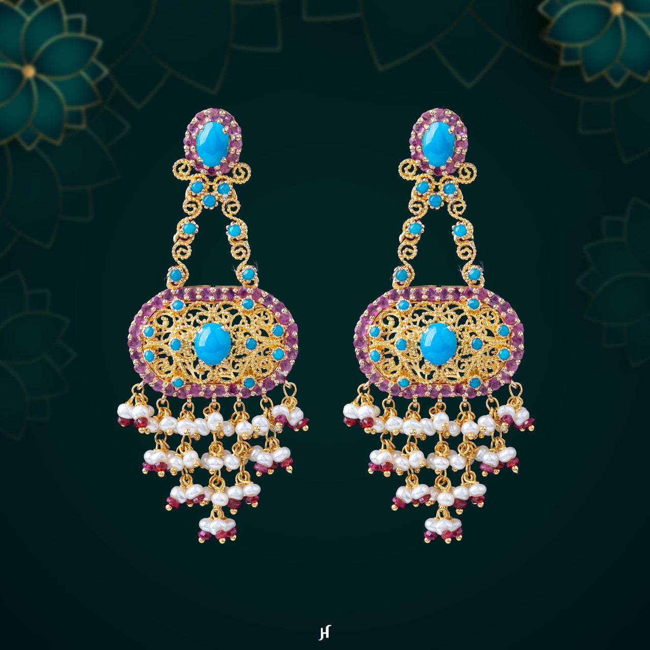 21K Yellow Gold Pakistani Turquoise Pearl Chandelier Earrings