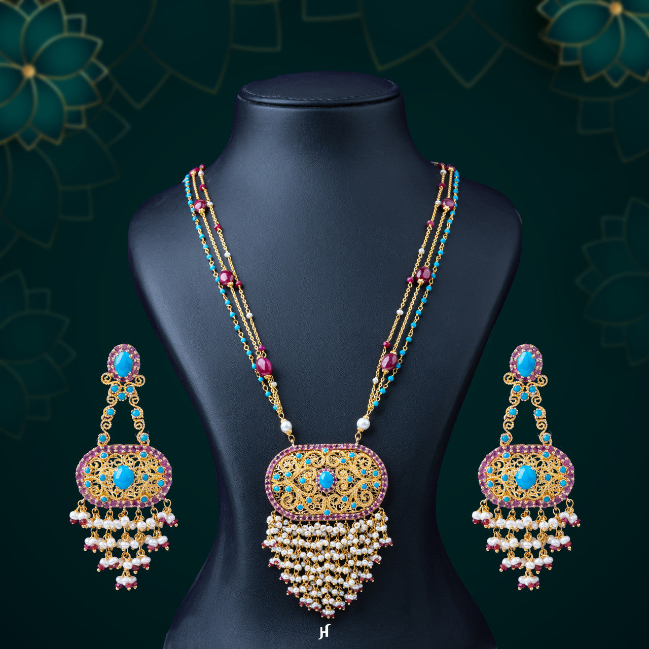 21K Yellow Gold Pakistani Turquoise Pearl Necklace Set