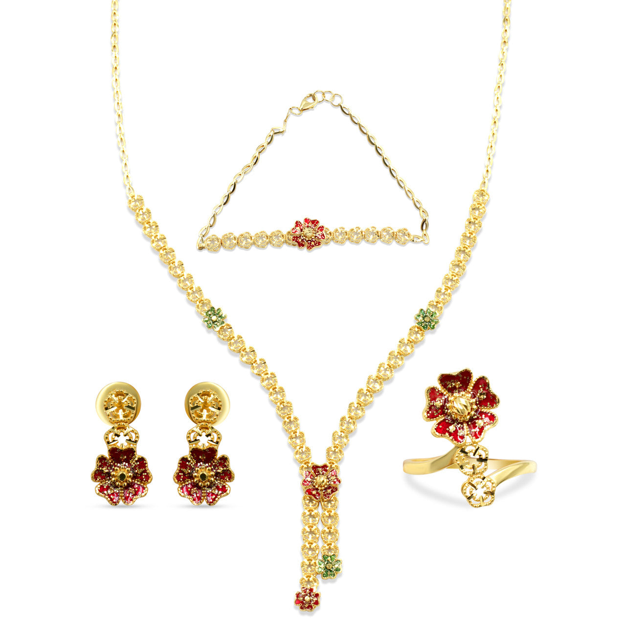 21K Yellow Gold Saudi Flower Matinee Necklace Set with Meena work