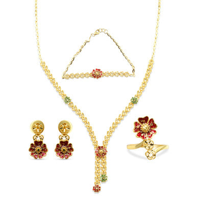 21K Yellow Gold Saudi Flower Meena Matinee Necklace Set